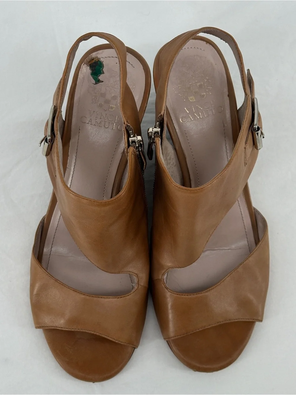 Women's Tan Leather Peep-Toe Buckle Heels 9.5